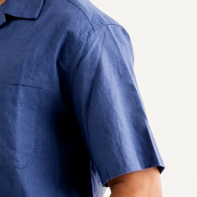 【Arnold Palmer 雨傘】男裝-棉麻立領短袖襯衫(深藍色)