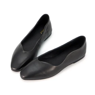 【HERLS】平底鞋-全真皮不規則曲線小方頭平底鞋(黑色)