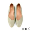 【HERLS】平底鞋-全真皮不規則曲線小方頭平底鞋(灰綠色)