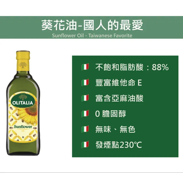 【Olitalia奧利塔】純橄欖油x3+葵花油x3(1000mlx6瓶禮盒組)