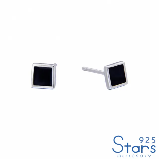 【925 STARS】純銀925極簡方形黑色滴釉造型耳釘(純銀925耳釘 方形耳釘 黑色耳釘)