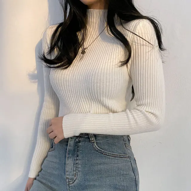 【baibeauty 白鳥麗子】雜誌款素面羅紋高領長袖上衣(針織衫)
