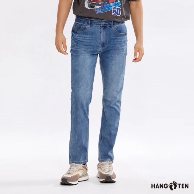 Hang Ten 男裝-TAPERED FIT刷色水洗休閒錐形牛仔褲(淺藍)