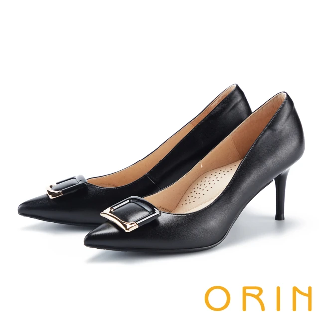 ORINORIN 知性金屬飾釦羊皮尖頭高跟鞋(黑色)