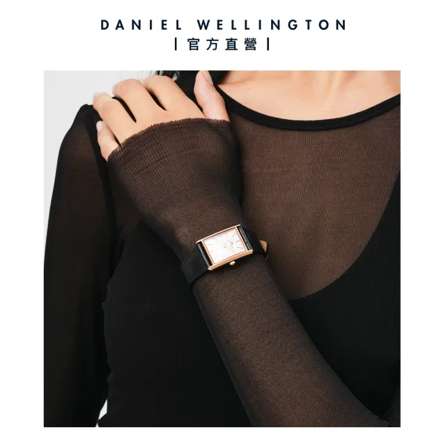 【Daniel Wellington】DW 手錶 Bound 32x22mm 摩登寂靜黑皮革方錶(玫瑰金)