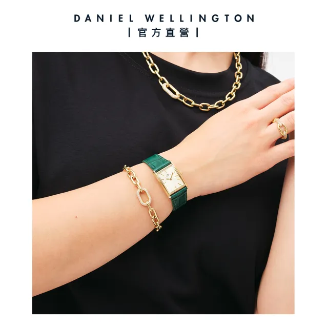 【Daniel Wellington】DW 手錶 Bound 32x22mm 摩登伯朗大道綠皮革方錶-香檳金錶盤(香檳金框)