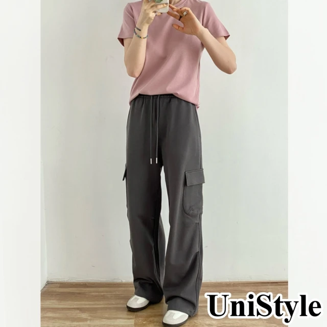 【UniStyle】工裝休閒長褲 韓版小捏摺口袋 女 UPK1566(深灰)