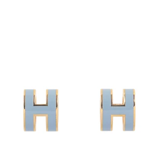 【Hermes 愛馬仕】Mini Pop H立體簍空橢圓LOGO耳環(亞麻藍/金色)