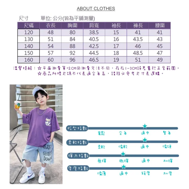 【UniKids】中大童裝2件套裝字母笑臉短袖T恤割破牛仔五分褲 男大童裝 CV9079(紫套 灰套)