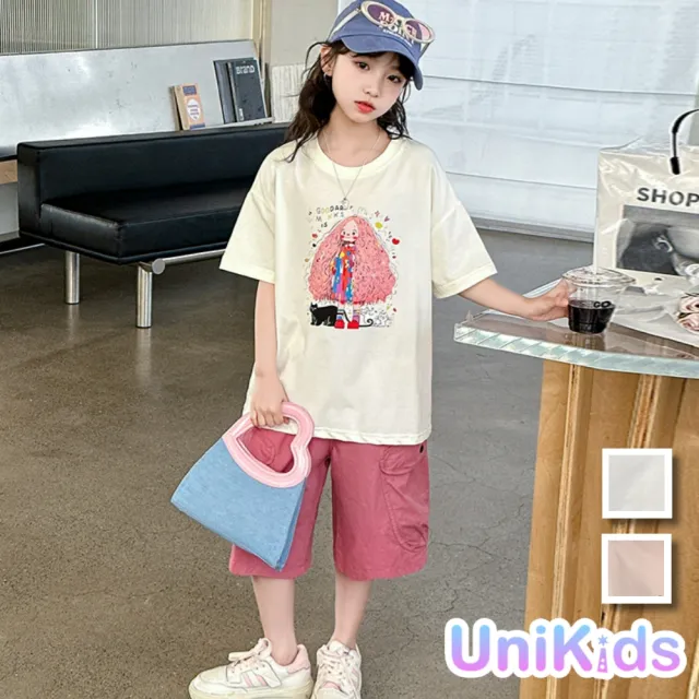 【UniKids】中大童裝短袖T恤 萌趣插畫設計感上衣 女大童裝 CV62060(白 粉紅)