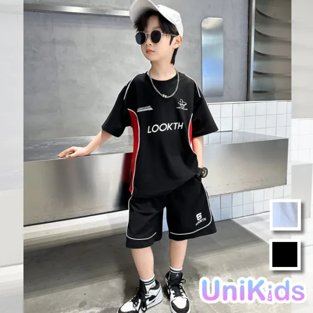 【UniKids】中大童裝2件套裝賽車風短袖T恤休閒五分褲  男大童裝 CVDJ1863(白 黑)