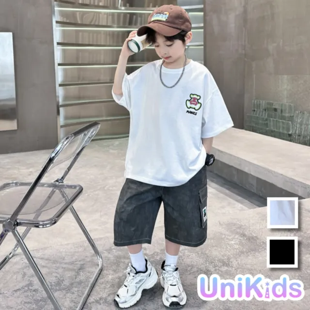 【UniKids】中大童裝2件套裝個性熊短袖T恤工裝五分褲 男大童裝 CV9080(白 黑)