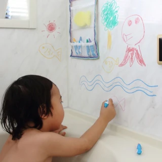 【Kitpas】日本製環保無毒浴室可水洗蠟筆組合(含收納網、水洗蠟筆、海綿)