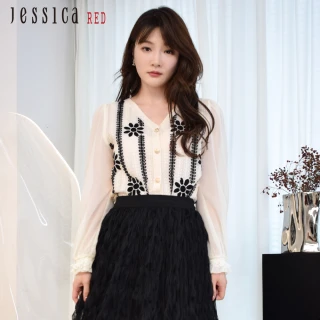 【Jessica Red】甜美清新花卉刺繡棉質長袖襯衫R43305