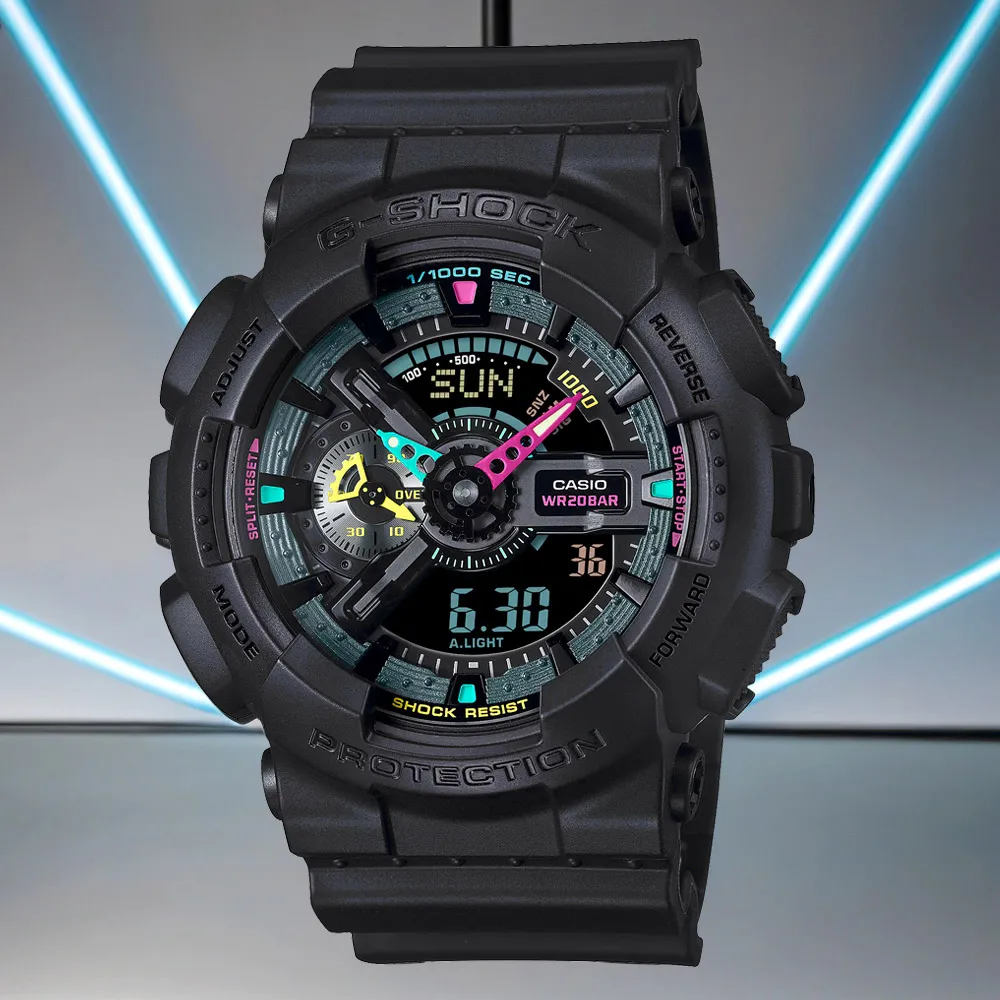 【CASIO 卡西歐】G-SHOCK 虛擬世界 霓虹科幻雙顯手錶 送禮 禮物 推薦(GA-110MF-1A)