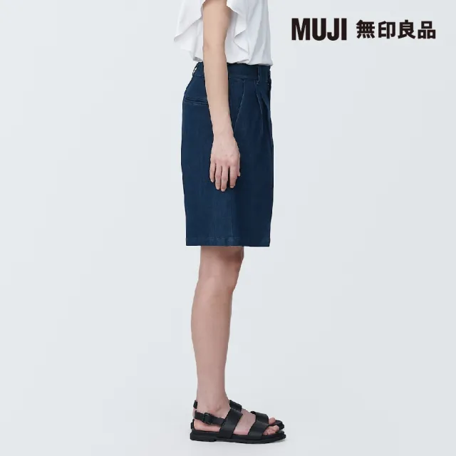 【MUJI 無印良品】女棉混彈性丹寧打褶五分褲(暗藍)