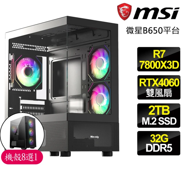 微星平台微星平台 R7八核 Geforce RTX4060{透明}電競電腦(R7-7800X3D/B650/32G D5/2TB)