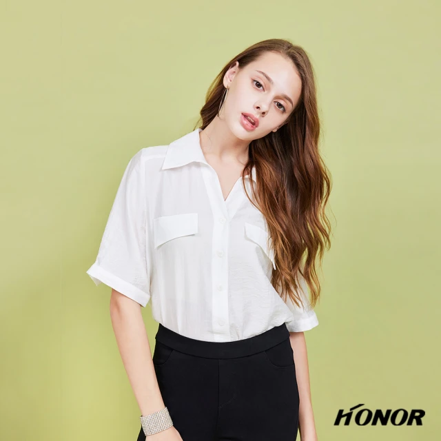 HONOR 山形屋HONOR 山形屋 透膚假口袋V型鈕釦露背襯衫