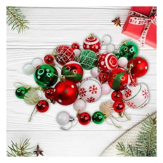 【摩達客】聖誕-30mm + 60mm造型彩繪球42入吊飾禮盒裝-16格-紅綠白色系(聖誕樹裝飾球飾掛飾)