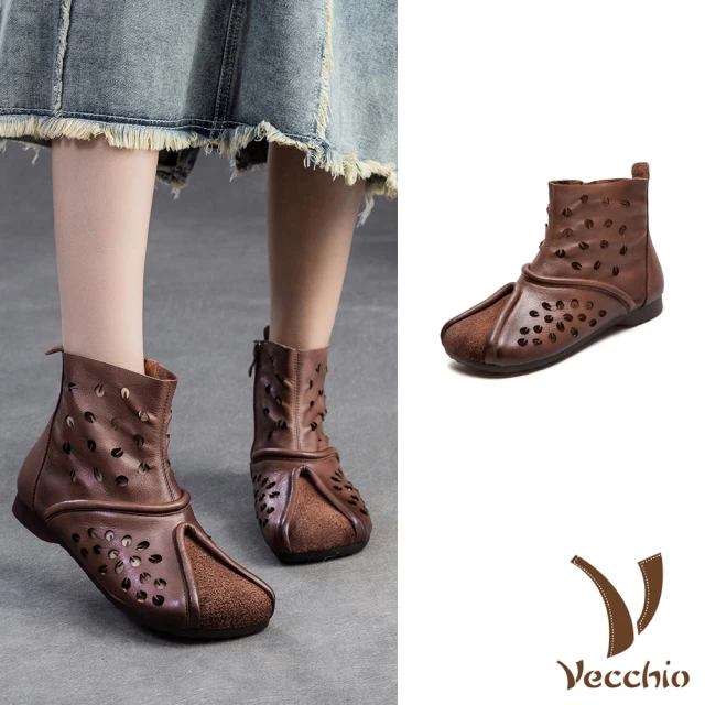 VecchioVecchio 真皮短靴 低跟短靴/全真皮頭層牛皮寬楦方頭幾何縷空低跟短靴(咖)