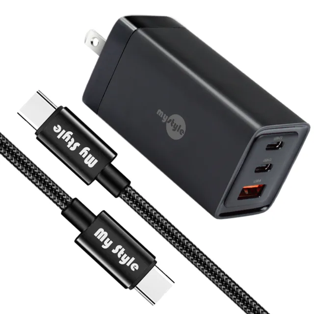 【MyStyle】65W GaN氮化鎵極速充電器-黑+耐彎折編織線Type-C to Type-C 急速快充線200cm-黑線(三孔1A2C)