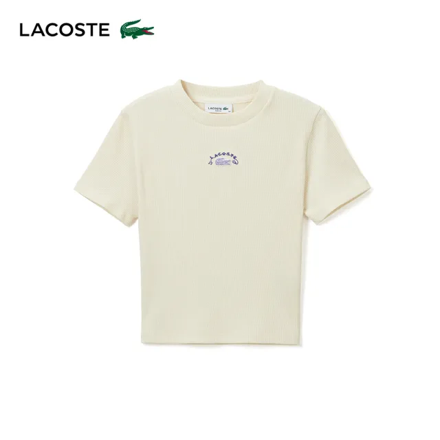 【LACOSTE】女裝-唱歌鱷魚繡花羅紋短袖T恤(米色)