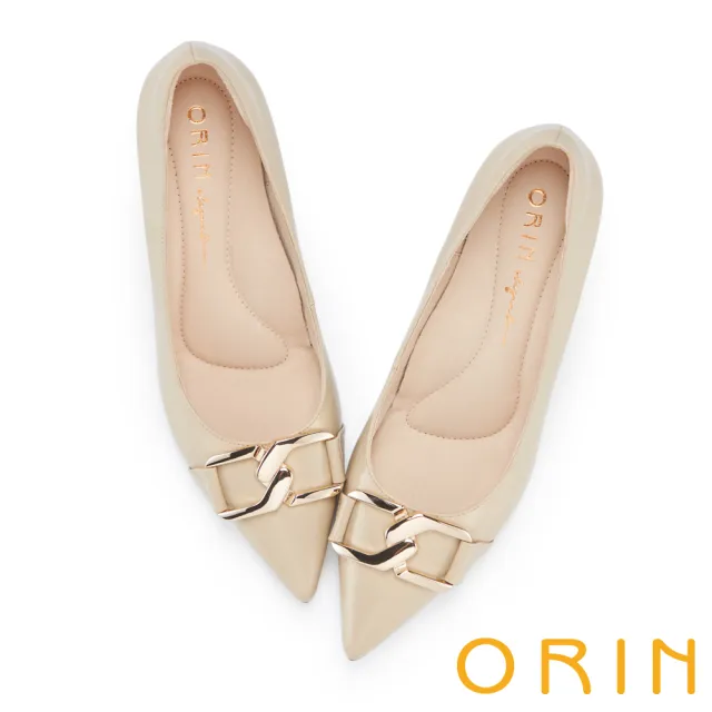 【ORIN】質感造型飾釦真皮尖頭高跟鞋(杏色)