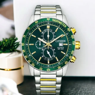 【CITIZEN 星辰】限量 賽車三眼計時手錶 男錶 綠色 母親節 禮物44mm(AN3689-55X)