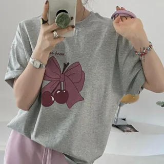 【UniStyle】韓版短袖T恤 甜美蝴蝶結櫻桃上衣 女 UP1726(花灰)