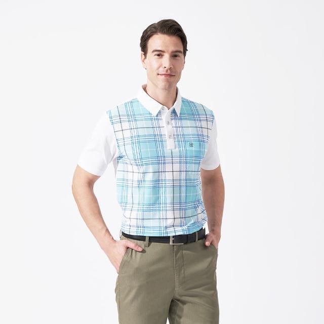 【pierre cardin 皮爾卡登】休閒服飾 男款 吸濕排汗胸前印格短袖襯衫領polo衫-藍綠色(5247208-45)