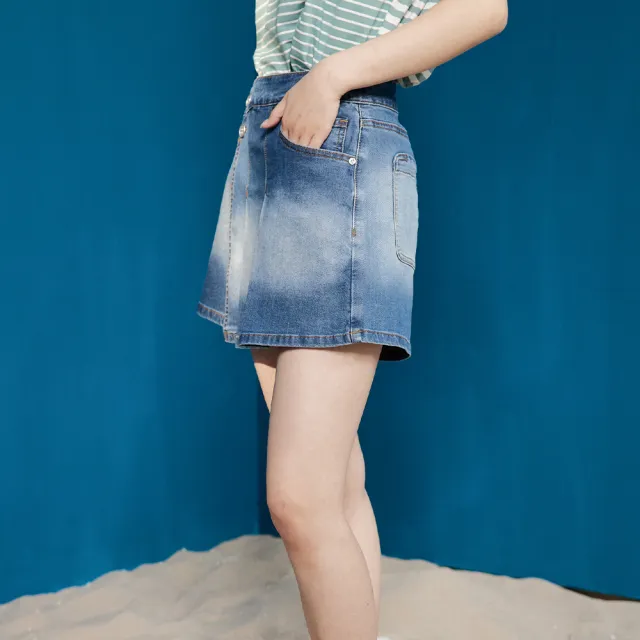【gozo】彈性牛仔不規則百褶短褲裙(藍色)