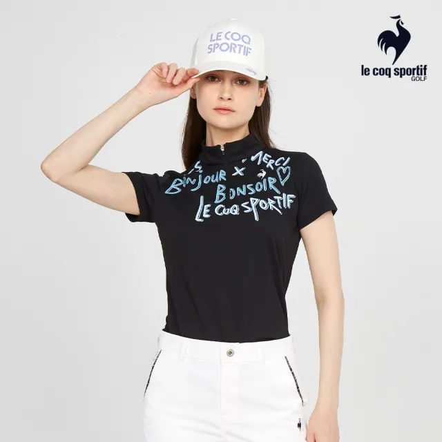 【LE COQ SPORTIF 公雞】高爾夫系列 女款黑色手繪感字母配色短袖立領衫 QLS2T210