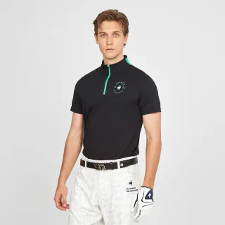 【LE COQ SPORTIF 公雞】高爾夫系列 男款黑色色彩線條輕量短袖立領衫 QGT2T212