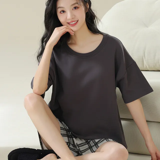 【藍尼居家】★簡約寬鬆帶胸墊家居睡衣(女睡衣/家居服/Bra Top/兩件式套裝)