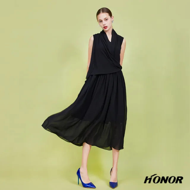 【HONOR 山形屋】出清品 雙層V型雪紡打褶無袖洋裝(限定出清)