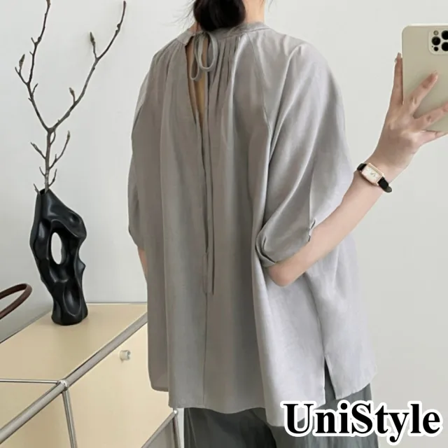 【UniStyle】五分袖上衣 韓版微透壓皺鏤空系帶襯衫 女 WT5601(灰藍)