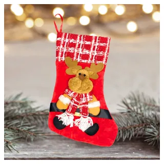【摩達客】耶誕-紅白格紋麋鹿聖誕襪(聖誕襪)