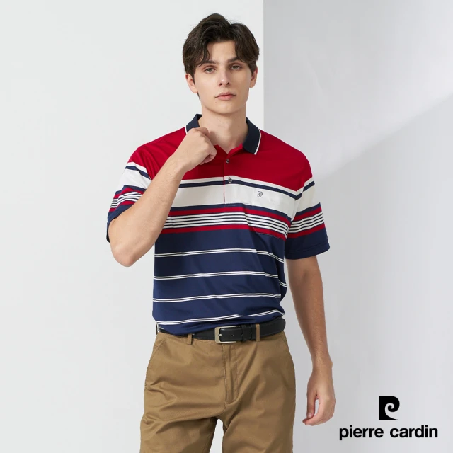 pierre cardin 皮爾卡登 網路獨家 男款 Hi Cool彈力吸濕排汗條紋短袖POLO衫-紅色(7227263-79)