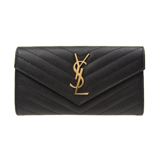 Saint Laurent Paris SAINT LAURENT YSL金字LOGO V字縫線 大號 黑色 小牛皮 長夾(372264BOW011000)