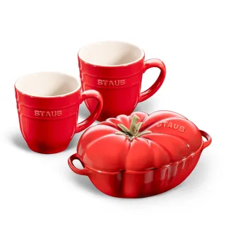 【法國Staub】櫻桃紅蕃茄造型烤盅陶缽19cm含雙耳(贈陶瓷馬克杯二入350ml)