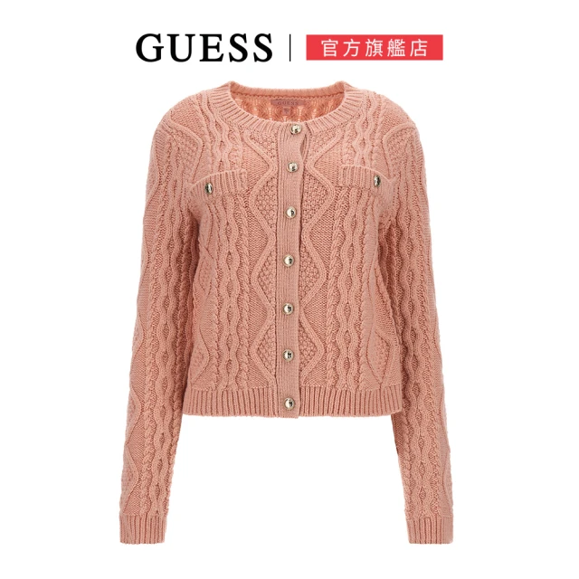 【GUESS】氣質麻花針織開襟衫(粉)