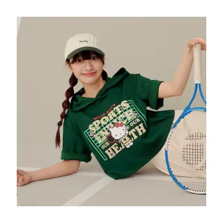 【OB 嚴選】KITTY運動會太空棉短版羽毛球印花連帽短TEE 《IK0025》