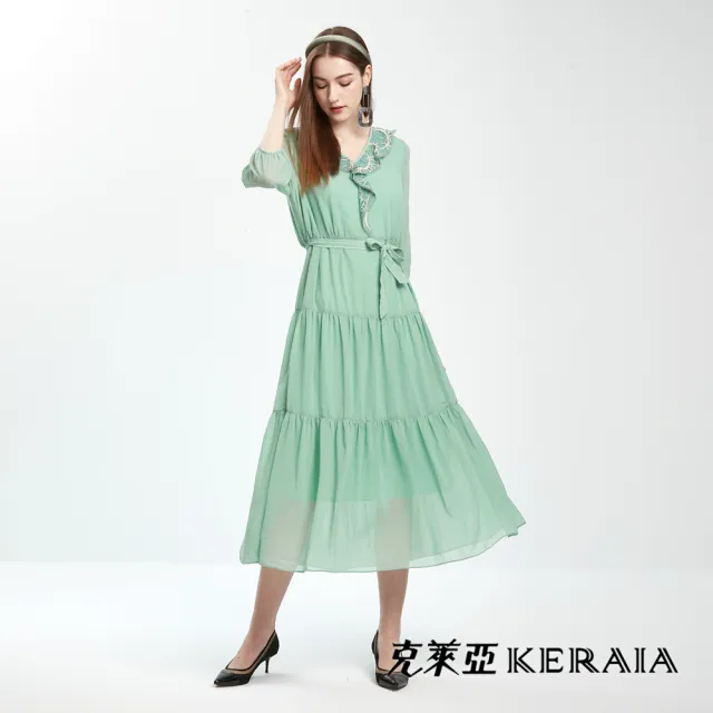 【KERAIA 克萊亞】綠月光石森林荷葉領口洋裝(附腰帶)