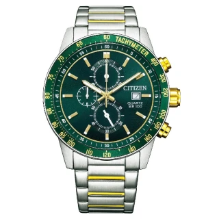 【CITIZEN 星辰】碼錶計時都會時尚不鏽鋼腕錶 綠面 44m(AN3689-55X)