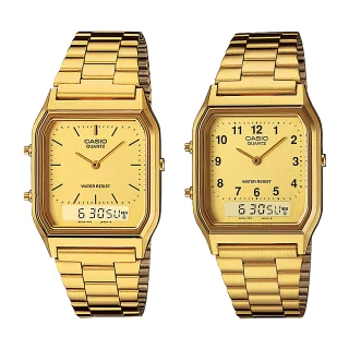 【CASIO 卡西歐】AQ-230GA 復古金 雙顯 自動日曆 星期日期 不鏽鋼 指針錶 手錶 29mm(第二時間)