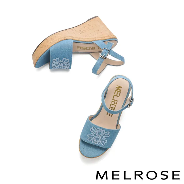 【MELROSE】美樂斯 夏日輕旅 浪漫LOGO刺繡花朵寬帶布面楔型厚底涼鞋(藍)