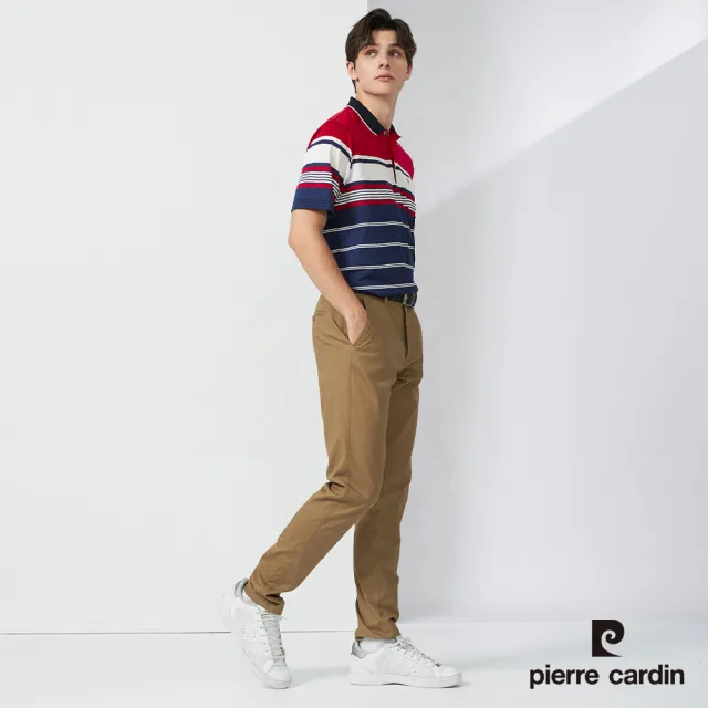 【pierre cardin 皮爾卡登】網路獨家 男款 Hi Cool彈力吸濕排汗條紋短袖POLO衫-紅色(7227263-79)