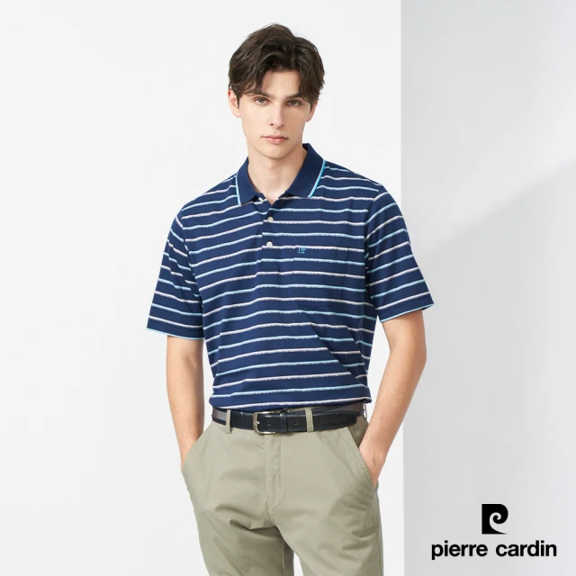 【pierre cardin 皮爾卡登】網路獨家 男款 棉質混紡條紋短袖POLO衫-丈青色(7217273-38)