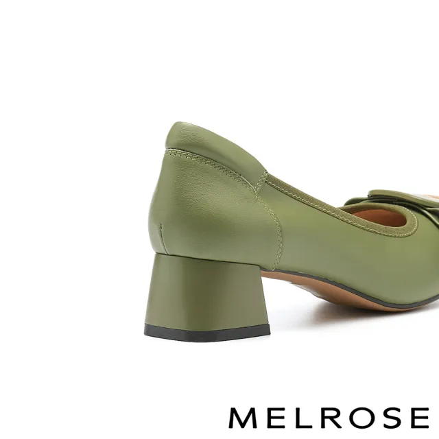 【MELROSE】美樂斯 雲朵後跟 時尚品味撞色方釦鞋花全真皮方頭高跟鞋(綠)