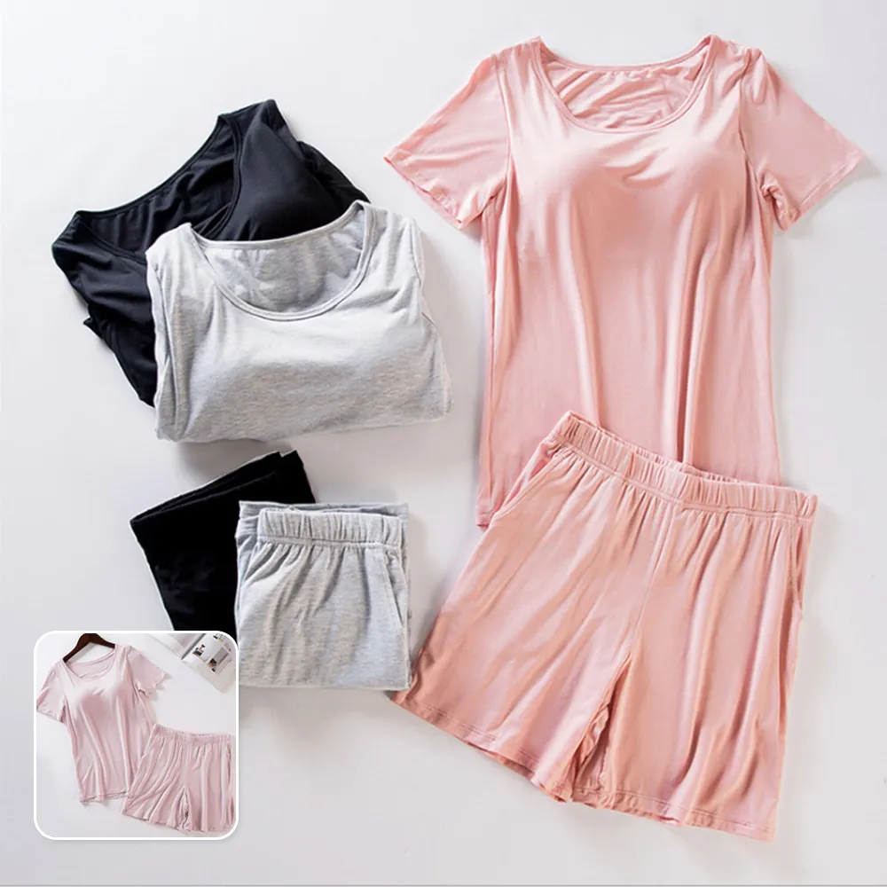 【Osun】Bra-T莫代爾帶胸墊短袖上衣寬鬆短褲睡衣套裝居家服(顏色任選/CE351)